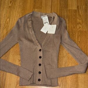 Brown with gold sparkles Ribbed Button-Up Sweater